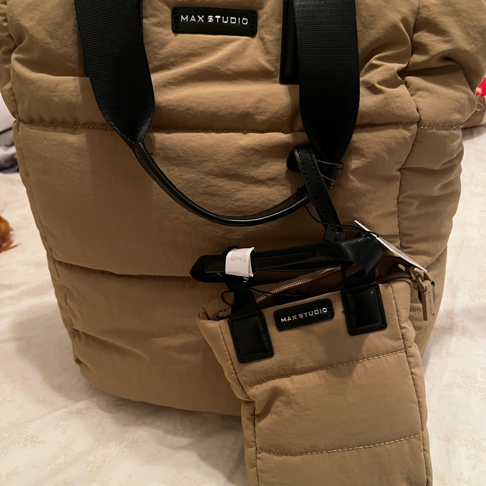 Max Studio Beige Quilted Tote with Black Accents